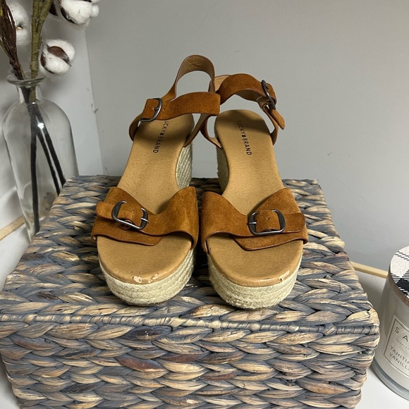 Lucky Brand Neveah Brown Leather Espadrille Strappy Buckle Wedge Size 9.5 - Picture 2 of 16